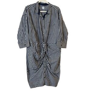 GAP SJP Blue & White Gingham Checked Midi Shirtdress with Twist, Shirring, XL